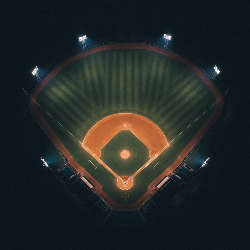 Aerial view of a baseball diamond under floodlights at night